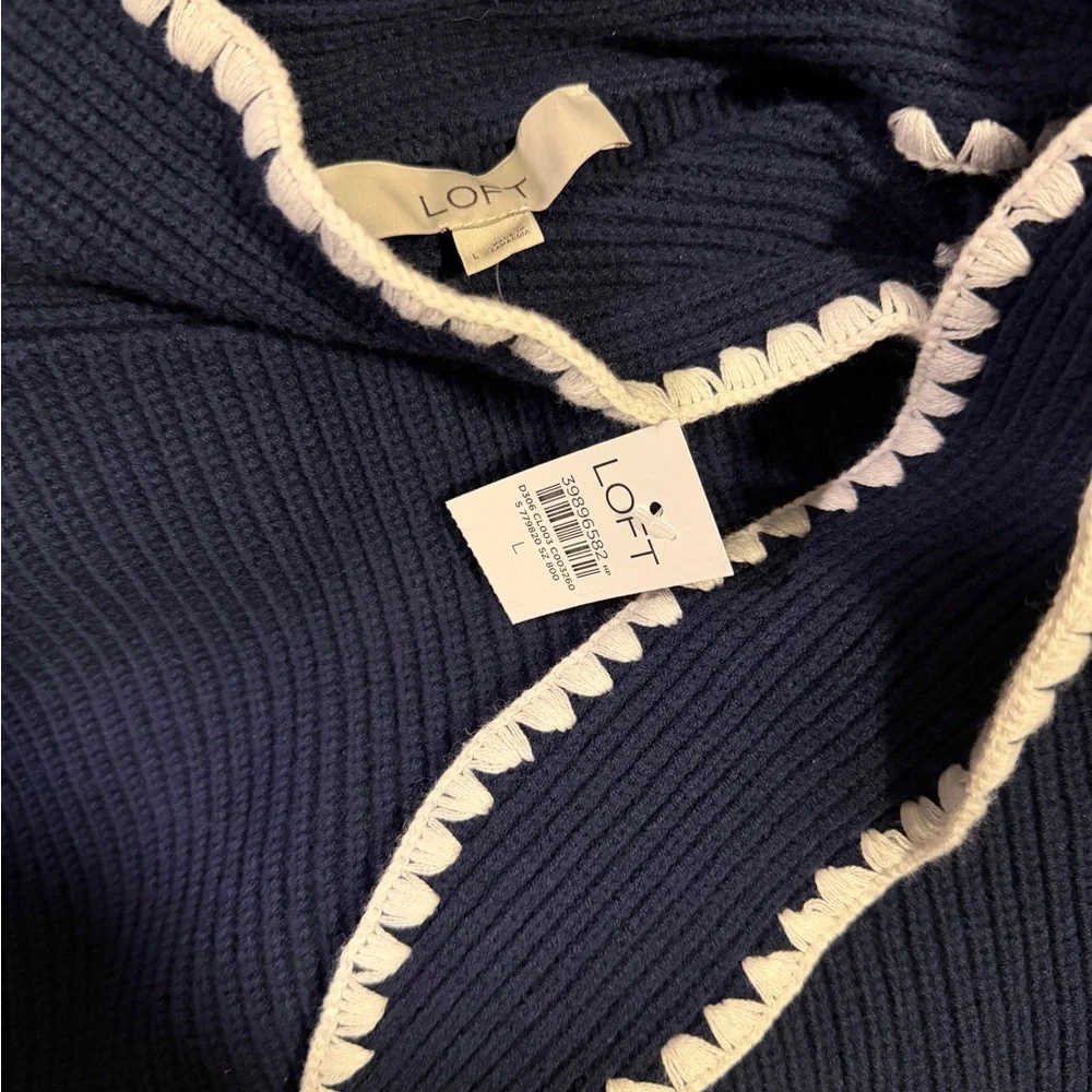 BNWT Loft Contrast Stitched Tie Neck Sweater Deep Blue - Picture 5 of 5